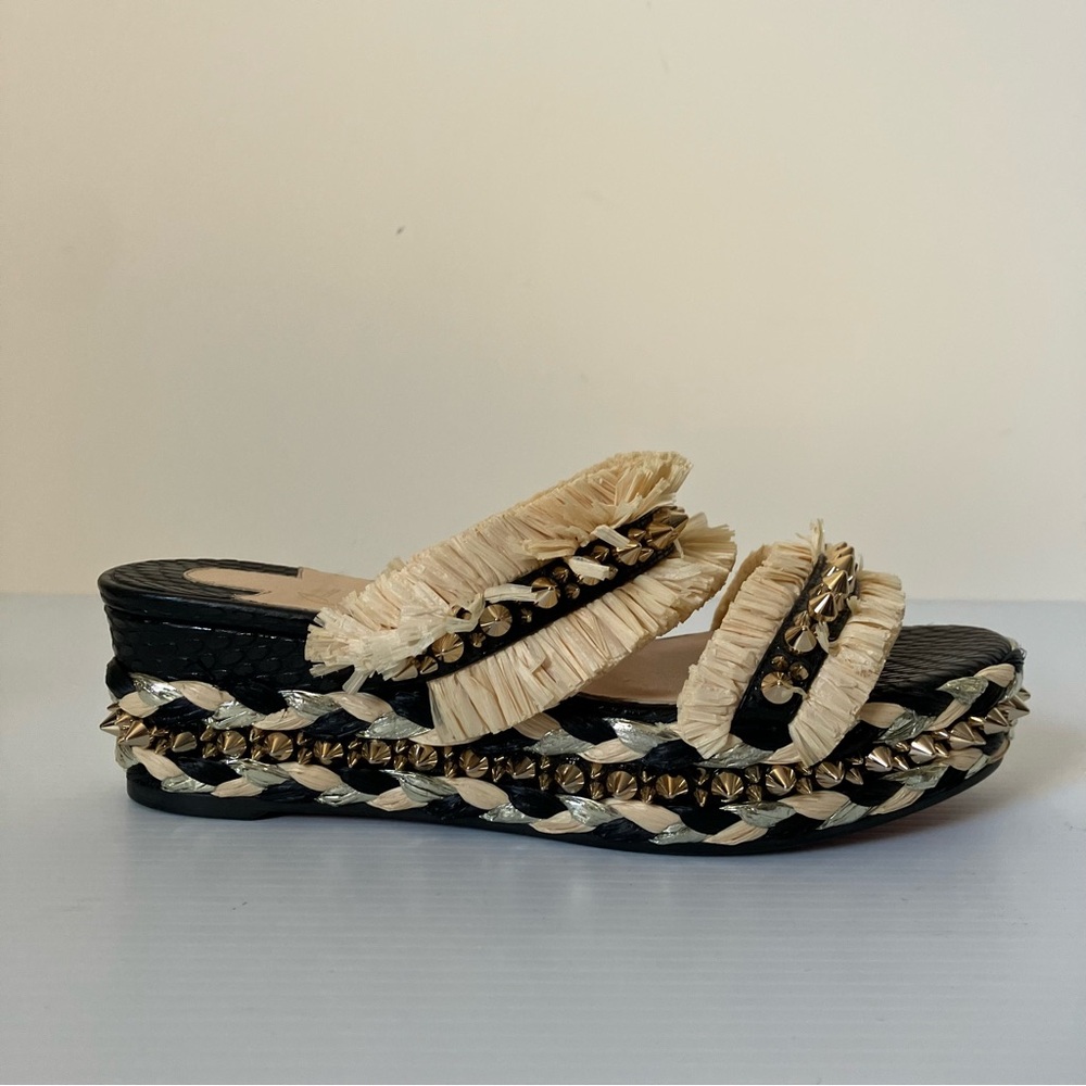 Christian Louboutin Black & Beige Voltinoudou 60 Wedge Sandals size 37 - Picture 8 of 12